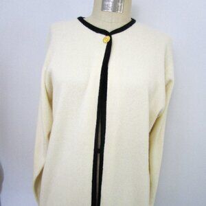 Ivory Scottish CASHMERE Open Cardigan Sweater UK Knit Black Banding